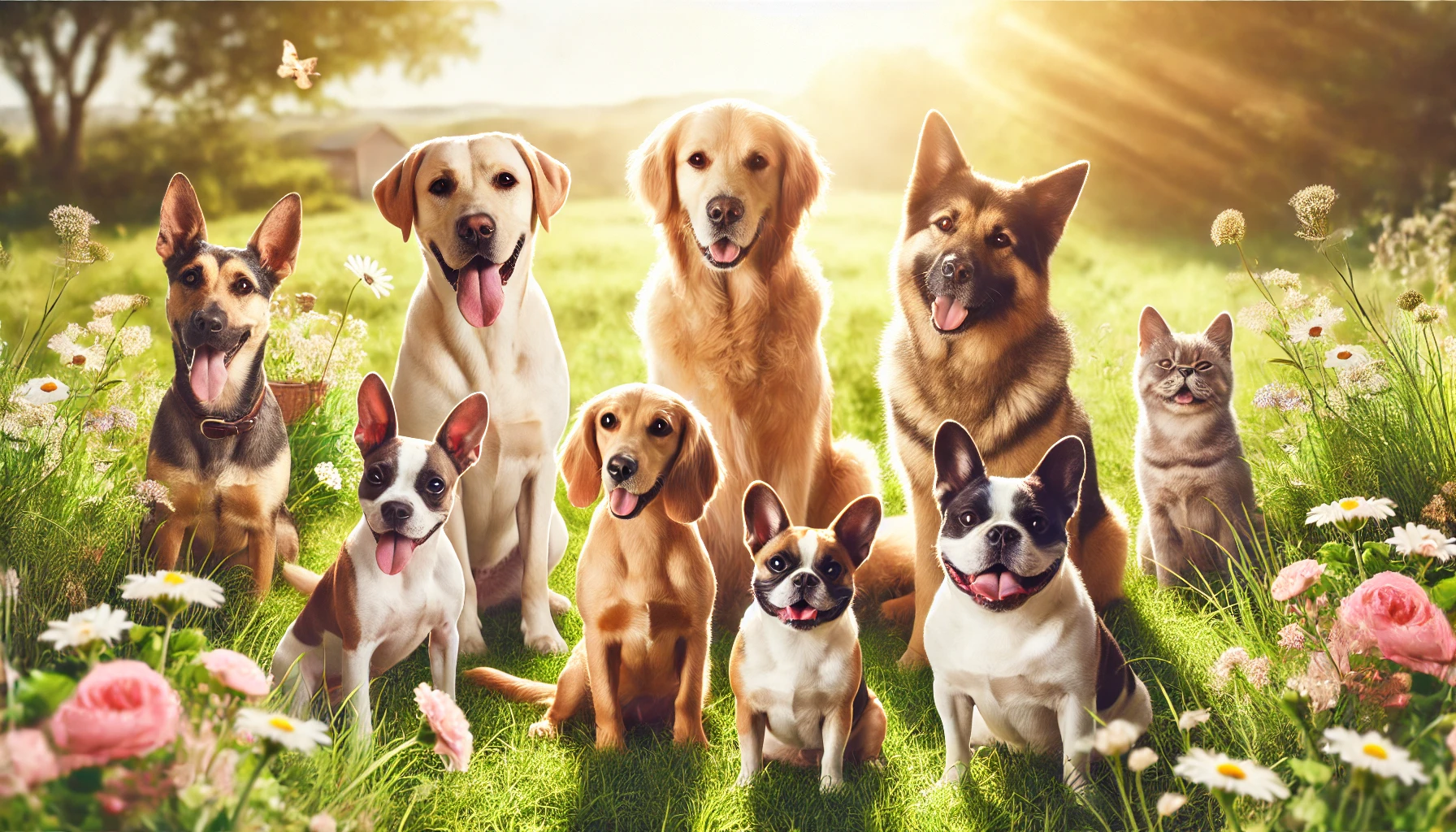 Plusieurs chiens de races différentes, dont un Labrador, un Berger Allemand, un Golden Retriever, un Bouledogue Français et un Beagle, dans un champ ensoleillé.